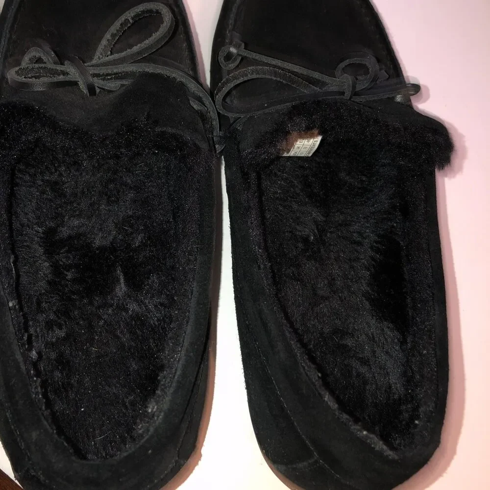 Vionic Adler Mens Size 13 Black Suede Faux Fur Lined Moccasin Slippers Shoes